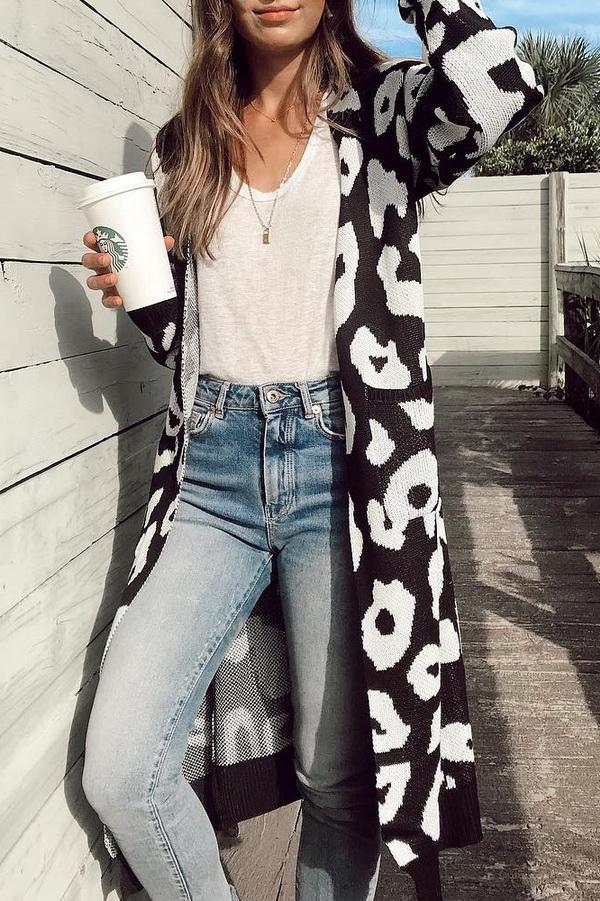 Drune Leopardenprint Lange Sweaterjacke