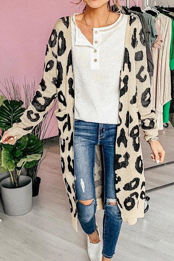 Drune Leopardenprint Lange Sweaterjacke