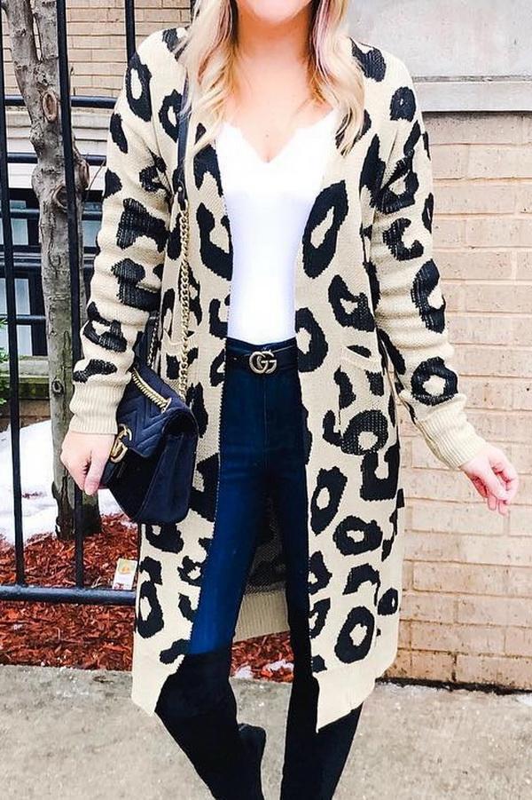 Drune Leopardenprint Lange Sweaterjacke