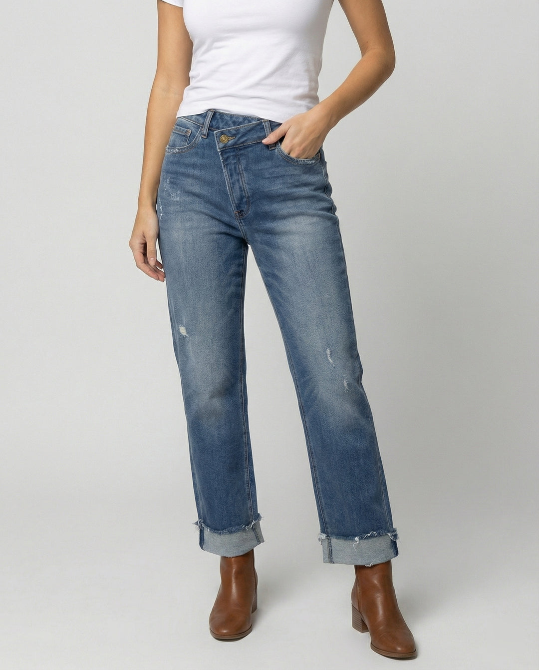 Drune - Damen Gewaschene Denim Hose, Hochbund mit Taillenzug