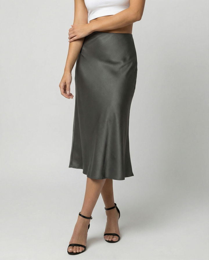Damen eleganter Satin-Midirock mit fließendem Schnitt und hohem Bund Drune