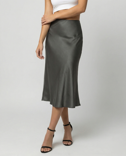 Damen eleganter Satin-Midirock mit fließendem Schnitt und hohem Bund Drune