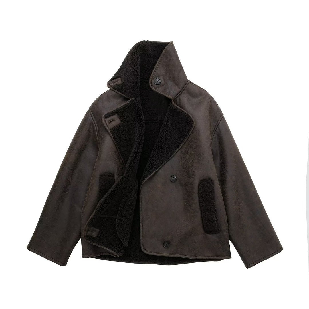 Drune | Übergröße Lammfell Aviator Jacke Weiter Kragen mit Umschlägen
