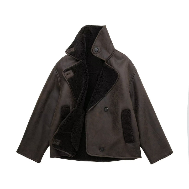 Drune | Übergröße Lammfell Aviator Jacke Weiter Kragen mit Umschlägen