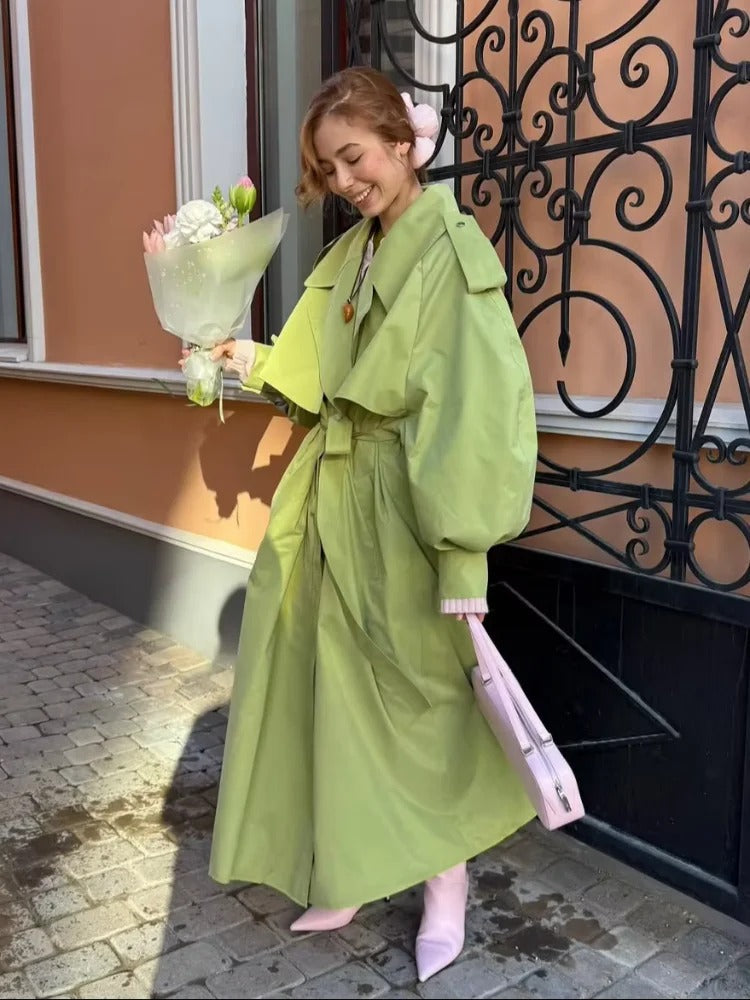Drune | Übergröße Grüner Damen Trenchcoat mit Gürtel