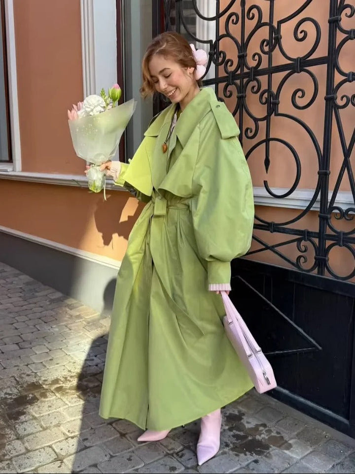 Drune | Übergröße Grüner Damen Trenchcoat mit Gürtel