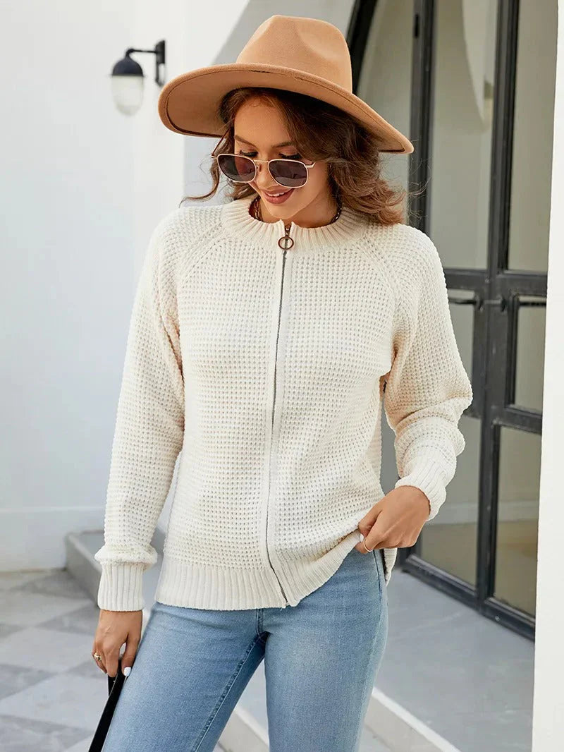 Drune | Cardigan - Damen Herbst Einfarbiger Reißverschluss Strickcardigan