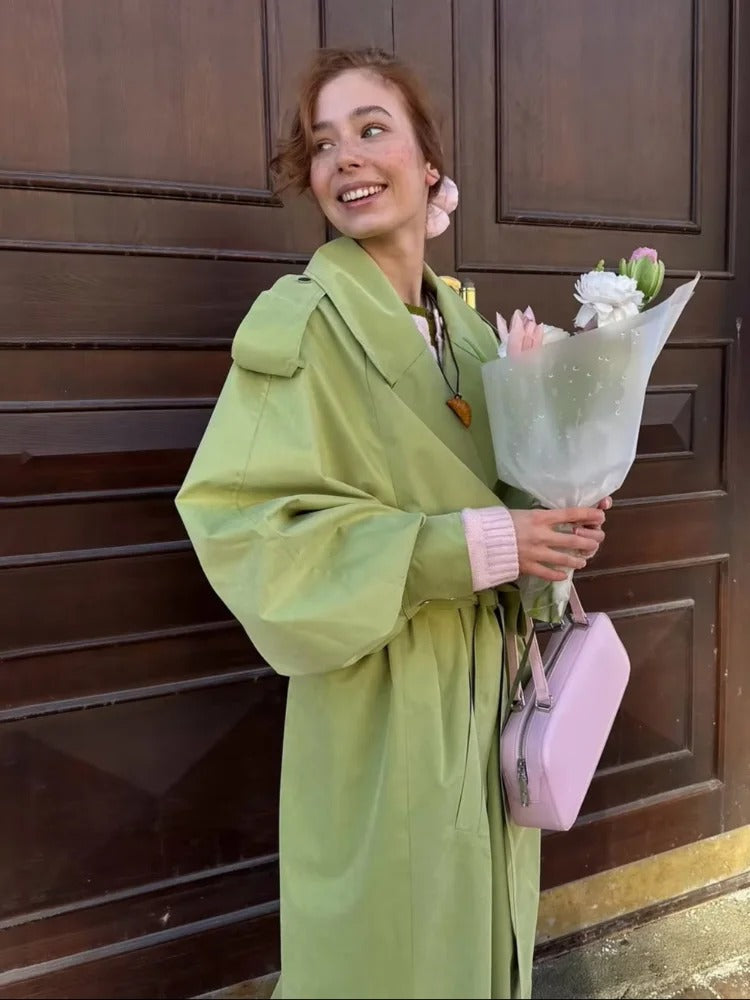 Drune | Übergröße Grüner Damen Trenchcoat mit Gürtel
