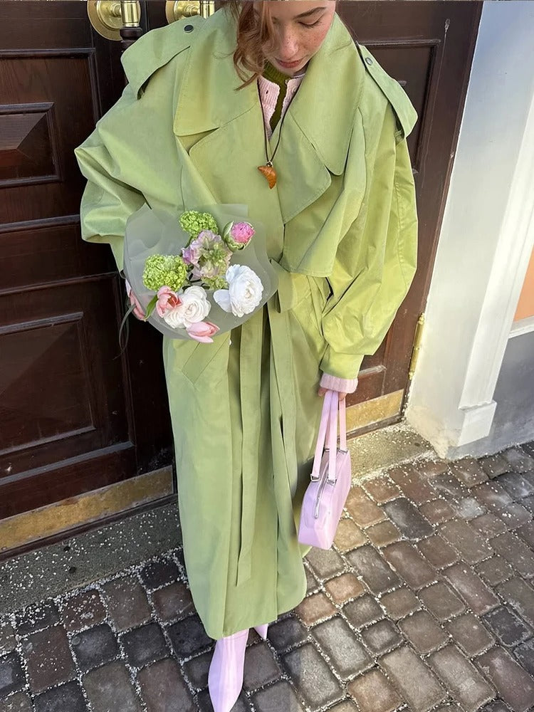 Drune | Übergröße Grüner Damen Trenchcoat mit Gürtel