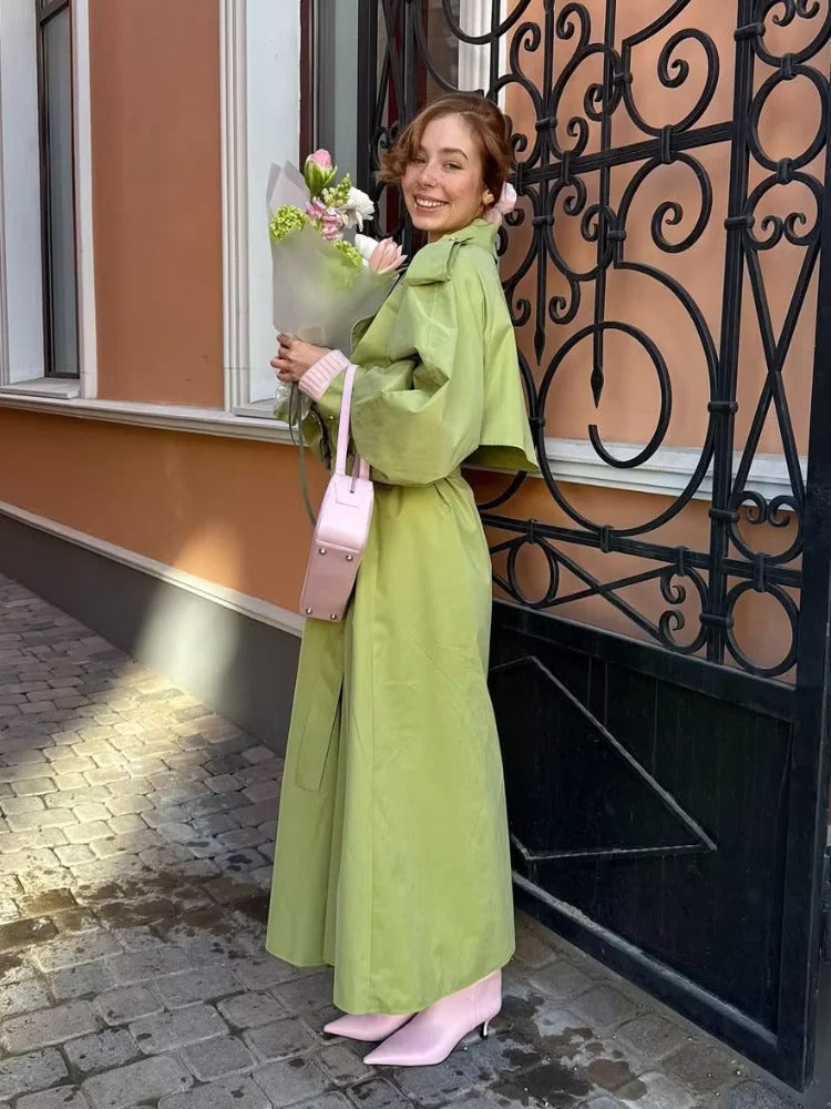Drune | Übergröße Grüner Damen Trenchcoat mit Gürtel
