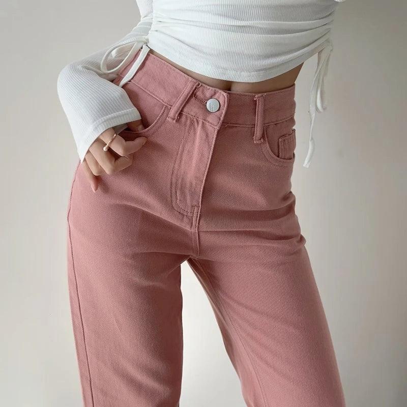 Drune | Waist-Pinke Gerade Jeans für Frauen