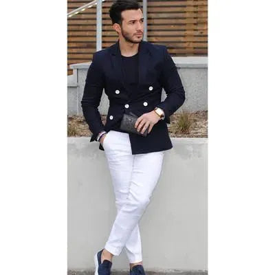 Drune | Herren Blazer - Marineblauer Doppelreiher Blazer