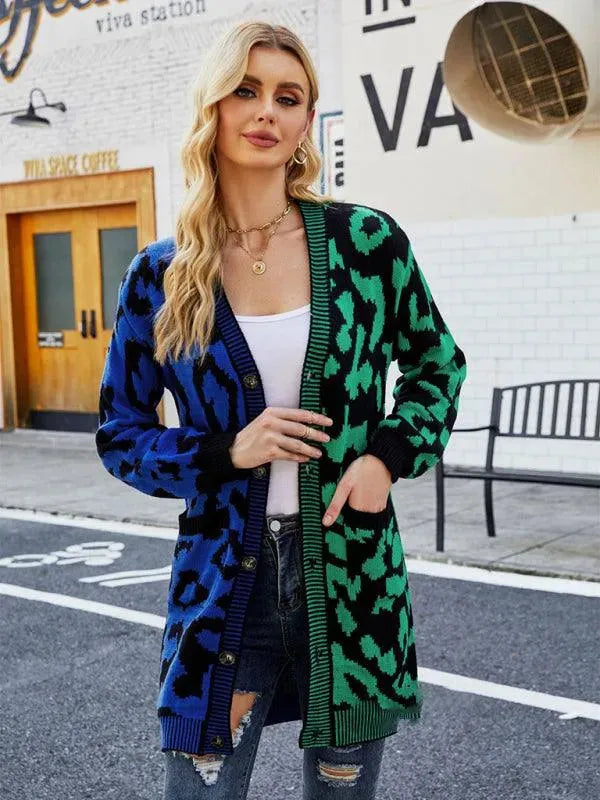 Drune | Langer Leoparden Strick Strickjacke Pullover