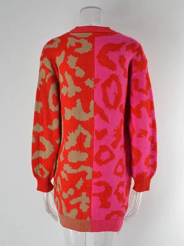 Drune | Langer Leoparden Strick Strickjacke Pullover