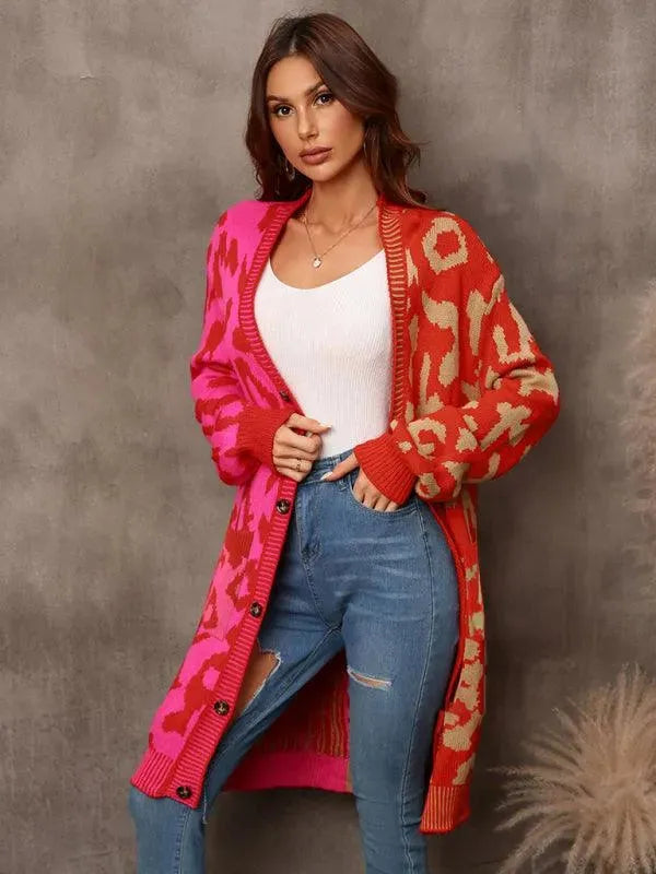 Drune | Langer Leoparden Strick Strickjacke Pullover