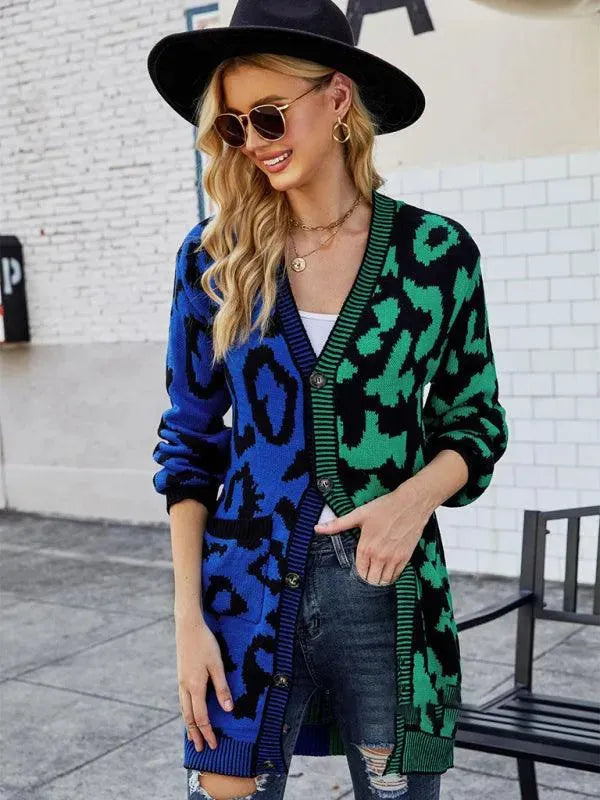 Drune | Langer Leoparden Strick Strickjacke Pullover