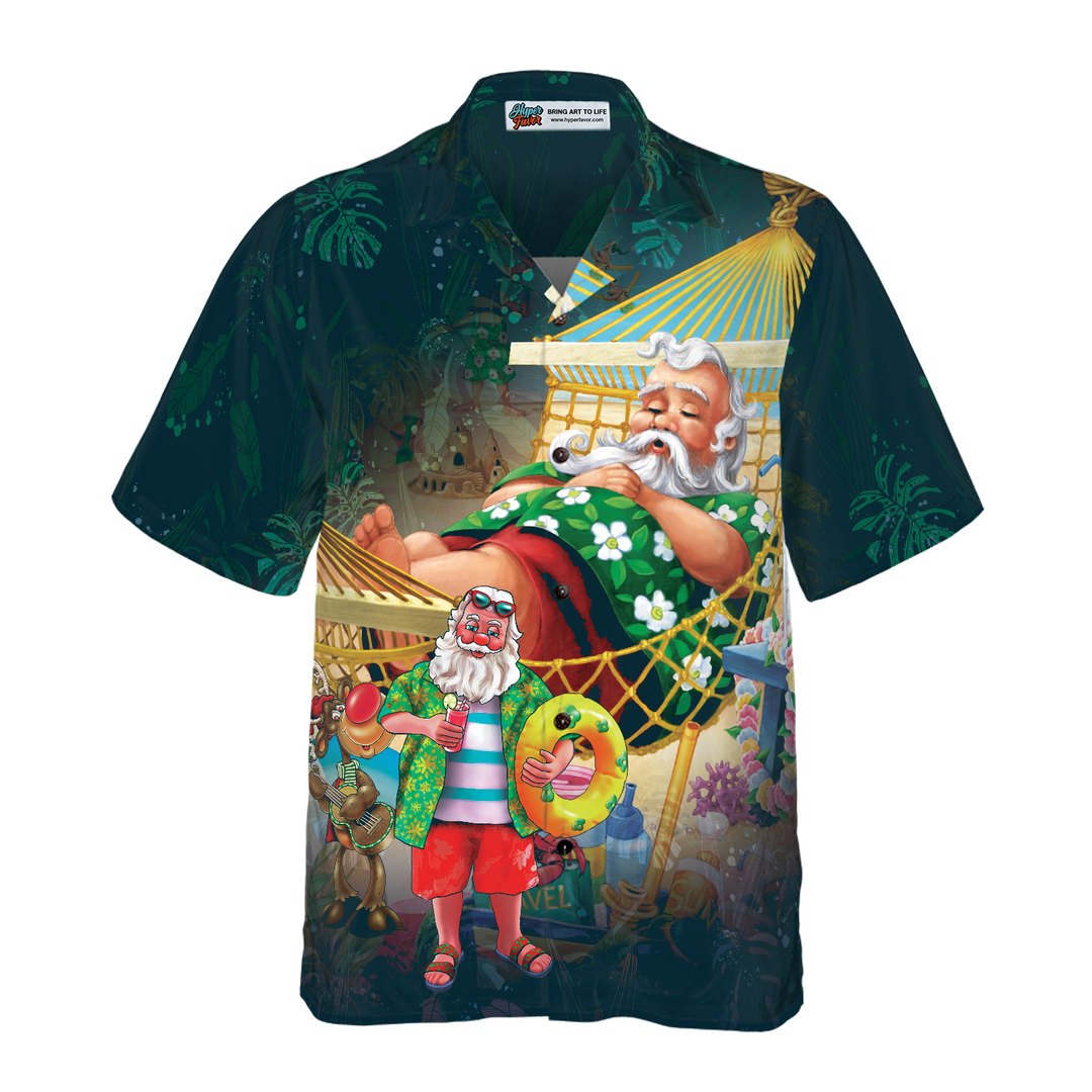 Drune | Hyperfavor Weihnachts-Hawaiian-Shirts, Weihnachtsmann am Strand Kurzarmhemd, Weihnachtshemd Geschenkidee für Männer und Frauen