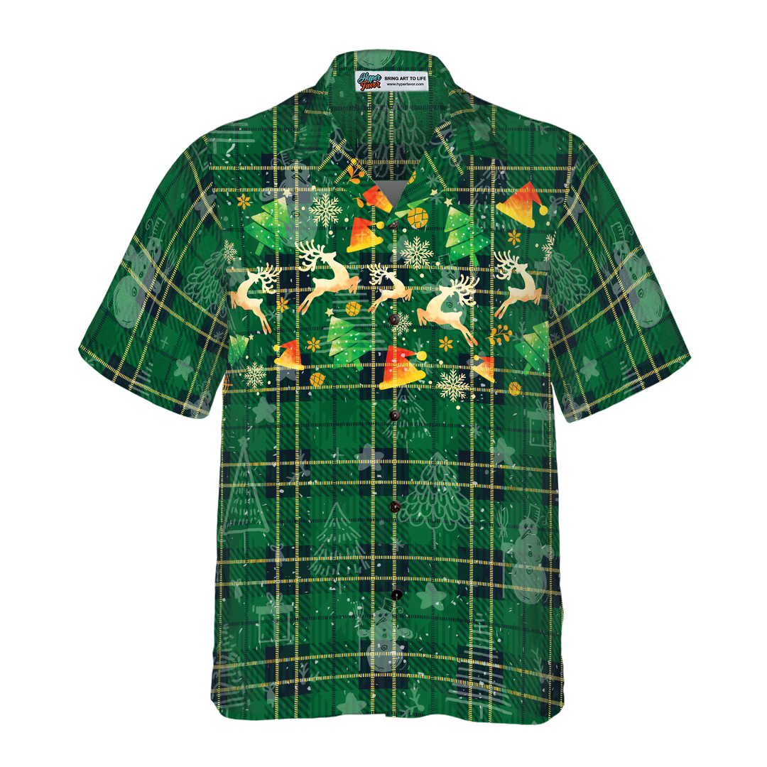 Drune | Hyperfavor Weihnachts-Hawaiianhemden für Männer und Frauen, Weihnachts-Rentier grünes Plaid-Muster Hawaiianhemd mit Knopfleiste Kurzarm