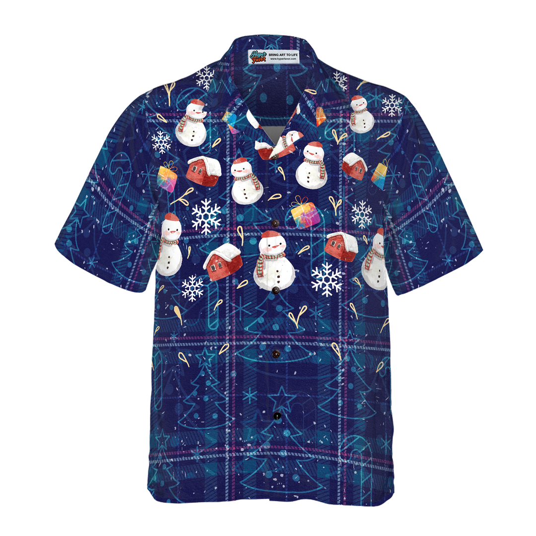Drune | Hyperfavor Weihnachts-Hawaiianhemden, Weihnachts-Schneemann dunkelblau kariertes Musterhemd mit kurzen Ärmeln, Weihnachtshemden Geschenkidee für Männer und Frauen