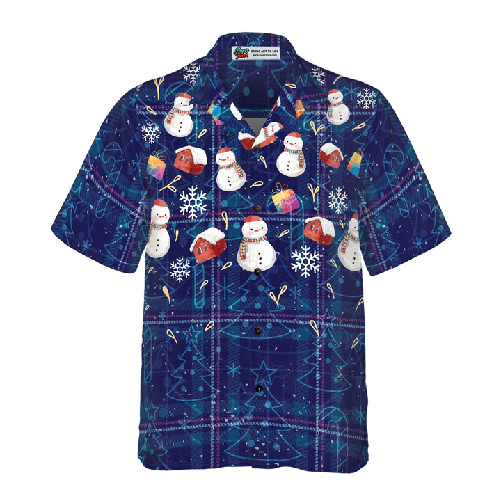 Drune | Hyperfavor Weihnachts-Hawaiianhemden, Weihnachts-Schneemann dunkelblau kariertes Musterhemd mit kurzen Ärmeln, Weihnachtshemden Geschenkidee für Männer und Frauen