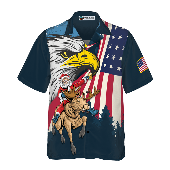 Drune | Hyperfavor Weihnachts-Hawaiian-Shirts, Santa mit amerikanischer Flagge 2 Kurzarm-Shirt, Weihnachtshemd-Idee Geschenk für Männer und Frauen