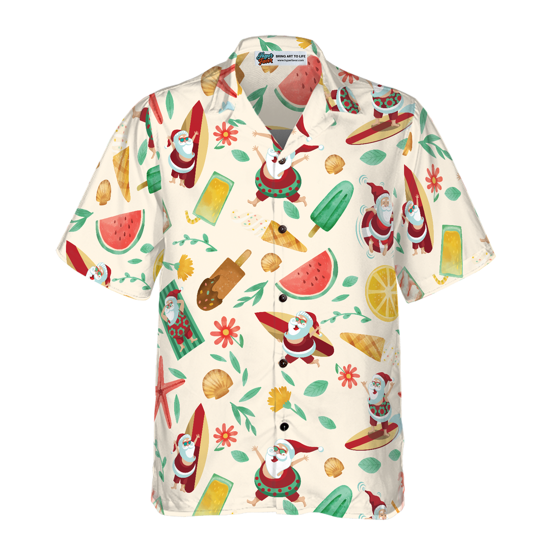 Drune | Hyperfavor Santa Surfing 1 Muster Hawaiian Shirt, Weihnachtshemden Kurzarm Knopf-down Hemd Für Männer Und Frauen