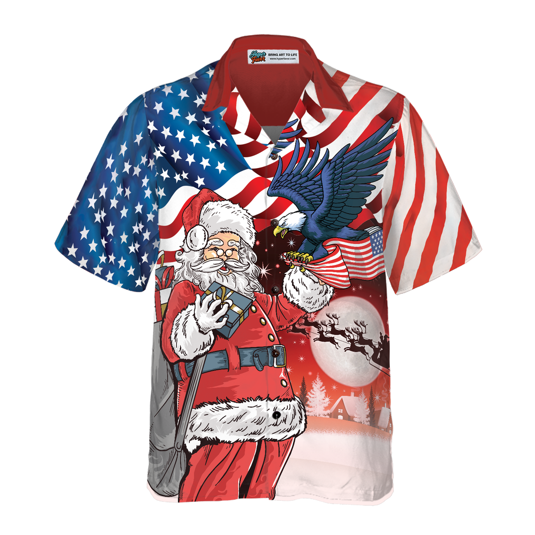 Drune | Adler, der auf Santas Hand mit amerikanischer Flagge sitzt, Hawaiiansches Hemd, Weihnachtshemden-Idee Geschenk für Männer und Frauen
