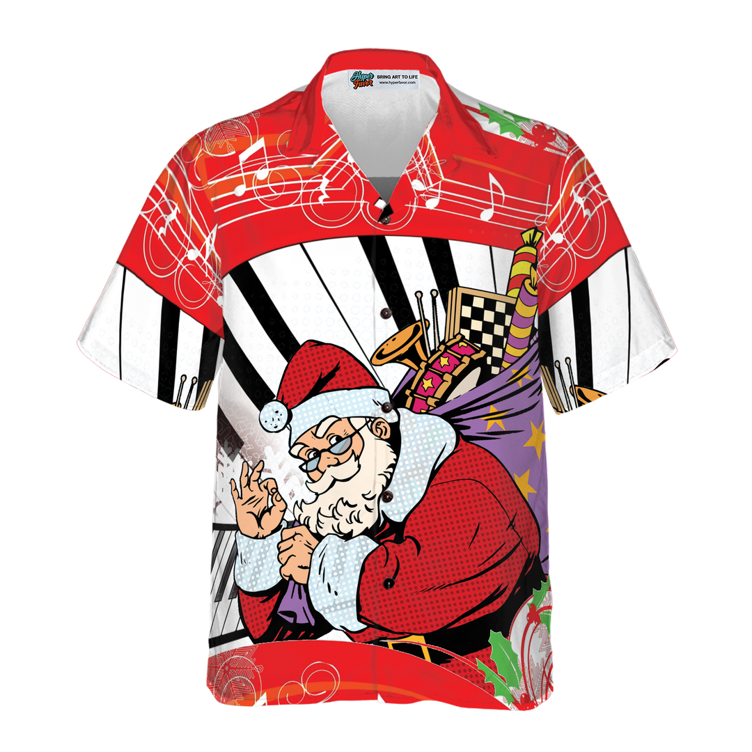 Drune | Hyperfavor Weihnachten Hawaiian Shirts, Weihnachtsmann Mit Klavier Hintergrund Kurzarmshirt, Weihnachtshemden Geschenkidee Für Männer Und Frauen