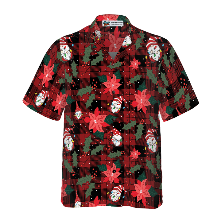 Drune | Hyperfavor Weihnachts-Hawaiianhemden, Gnome mit rotem Karomuster kurzärmliges Hemd, Weihnachtshemden Geschenkidee für Männer und Frauen