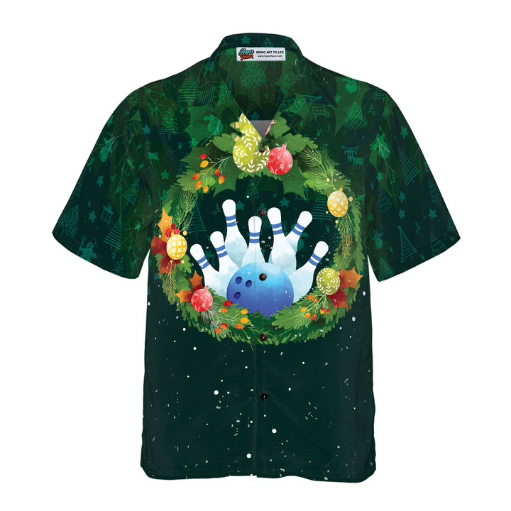 Drune | Hyperfavor Weihnachts-Hawaiian-Shirts für Männer und Frauen, Weihnachtskranz Bowling Hawaiian Shirt Knopfkragen Kurzarm