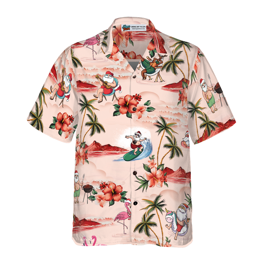 Drune | Hyperfavor Weihnachts-Hawaiian-Shirts für Männer und Frauen, Santa Strand Weihnachtsmuster Hawaiian Shirt Button-Down-Shirt Kurzarm