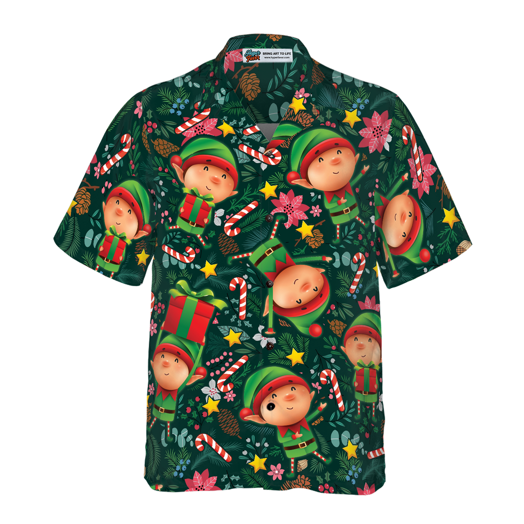 Drune | Hyperfavor Weihnachts-Hawaiianhemden, Das Weihnachts-Elf Mit Dunkelgrünem Muster Kurzarmhemd, Weihnachtshemd Geschenkidee Für Männer Und Frauen
