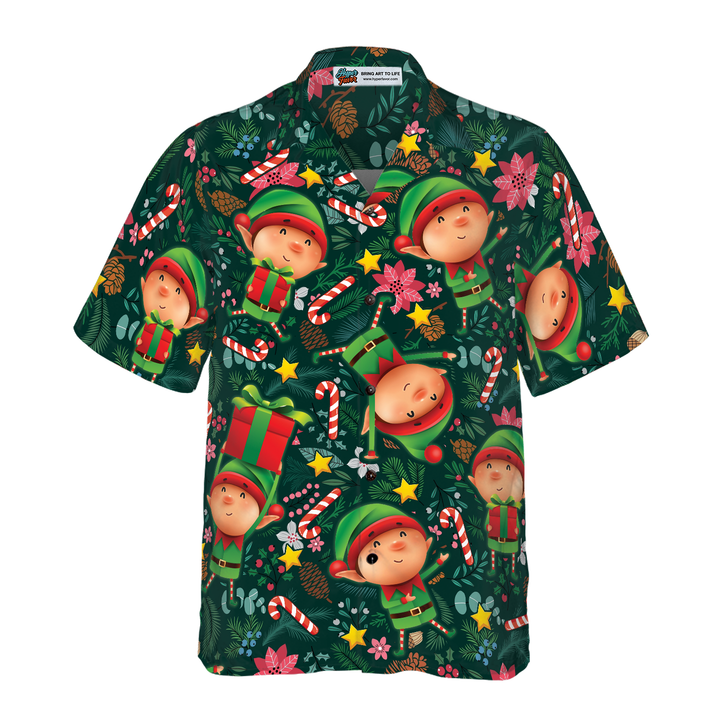 Drune | Hyperfavor Weihnachts-Hawaiianhemden, Das Weihnachts-Elf Mit Dunkelgrünem Muster Kurzarmhemd, Weihnachtshemd Geschenkidee Für Männer Und Frauen