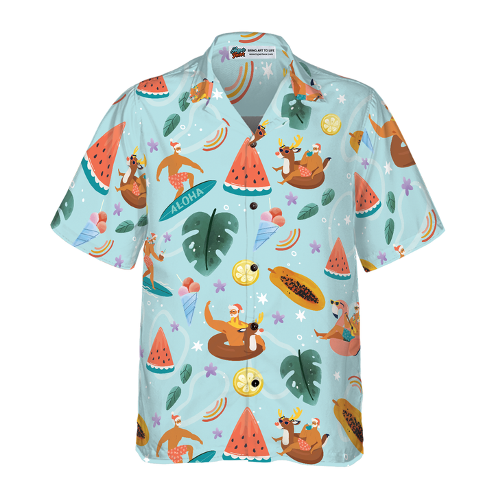 Drune | Hyperfavor Santa Beach 2 Muster Hawaiihemd, Weihnachtshemden Kurzarm Button-Down-Hemd für Männer und Frauen