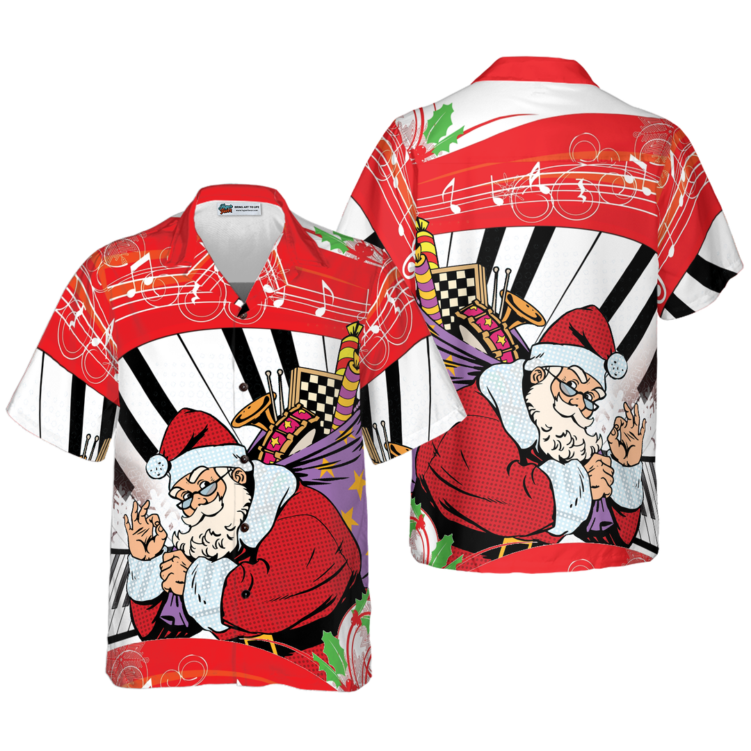 Drune | Hyperfavor Weihnachten Hawaiian Shirts, Weihnachtsmann Mit Klavier Hintergrund Kurzarmshirt, Weihnachtshemden Geschenkidee Für Männer Und Frauen