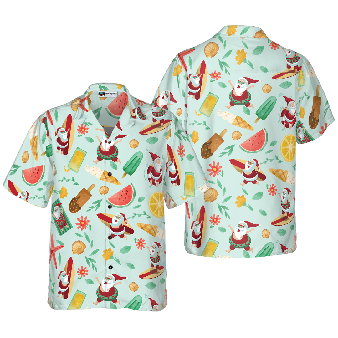Drune | Hyperfavor Santa Surfing 2 Muster Hawaiianhemd, Weihnachtshemden Kurzarm Knopf-down Hemd für Herren und Damen