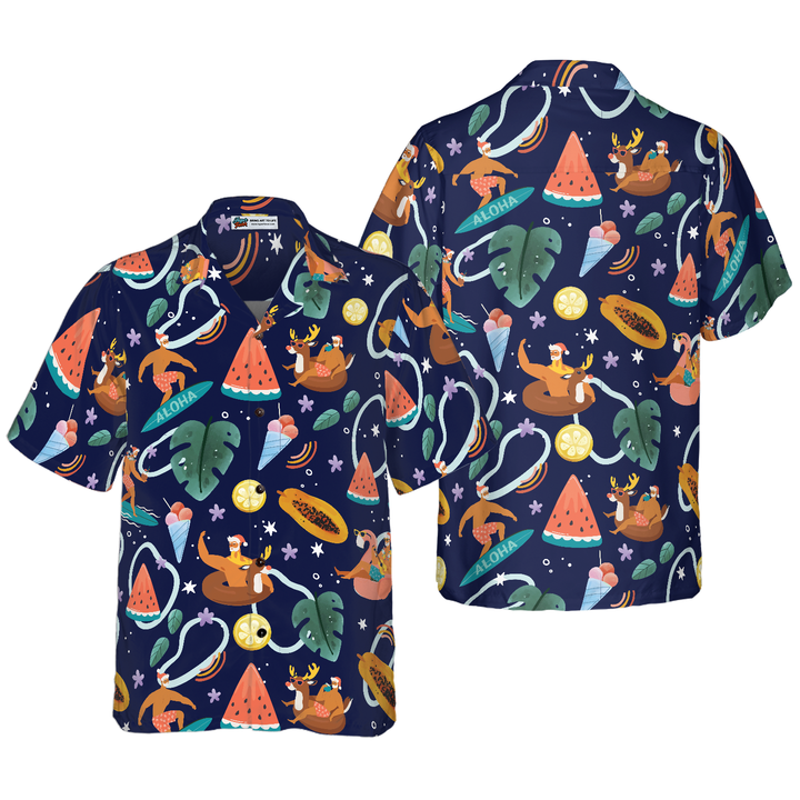 Drune | Hyperfavor Santa Beach 1 Muster Hawaiian Shirt, Weihnachtshemden Kurzarm Button-Down-Shirt für Männer und Frauen