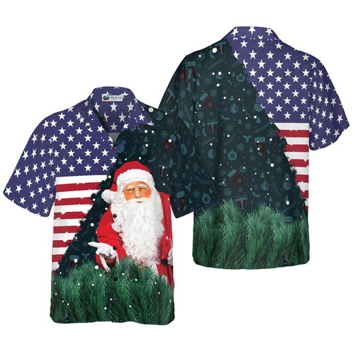 Drune | Hyperfavor Weihnachten Hawaiian Shirts, Santa USA Flaggenmuster Hemd Kurzarm, Weihnachtshemd Geschenkidee Für Männer Und Frauen