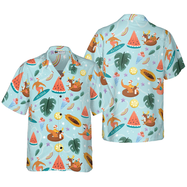Drune | Hyperfavor Santa Beach 2 Muster Hawaiihemd, Weihnachtshemden Kurzarm Button-Down-Hemd für Männer und Frauen