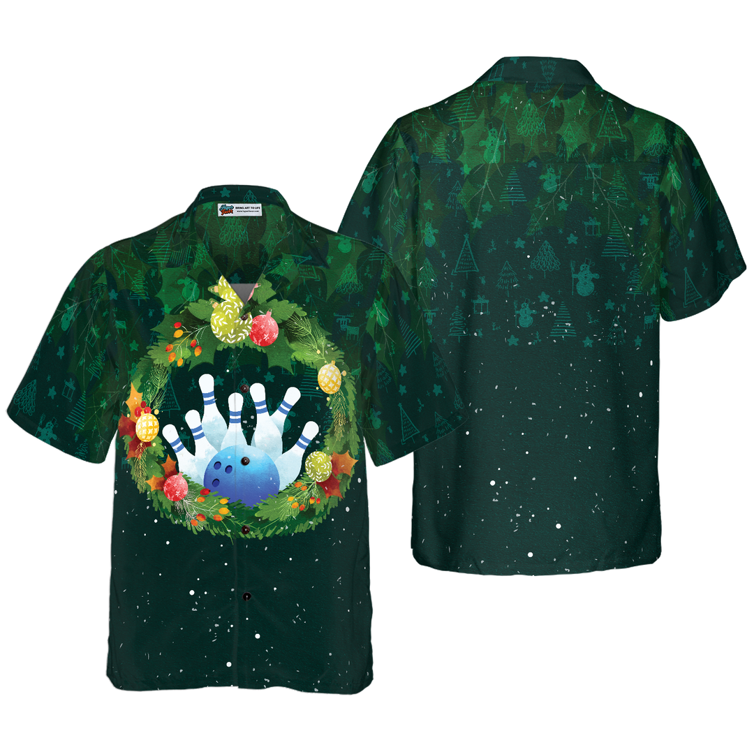 Drune | Hyperfavor Weihnachts-Hawaiian-Shirts für Männer und Frauen, Weihnachtskranz Bowling Hawaiian Shirt Knopfkragen Kurzarm