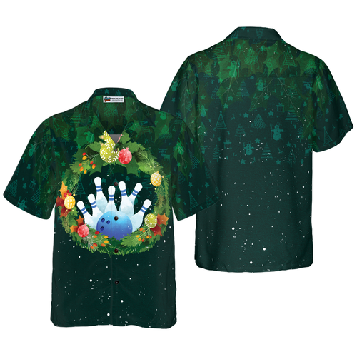 Drune | Hyperfavor Weihnachts-Hawaiian-Shirts für Männer und Frauen, Weihnachtskranz Bowling Hawaiian Shirt Knopfkragen Kurzarm