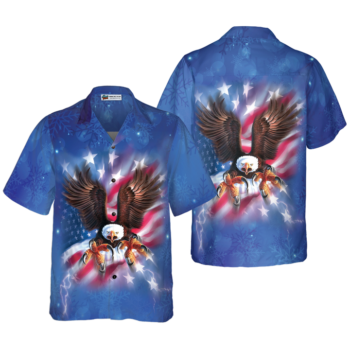 Drune | Hyperfavor Weihnachts-Hawaiian-Shirts für Männer und Frauen, Adler fliegt mit amerikanischer Flagge Hawaiian Shirt Button-Down-Shirt Kurzarm