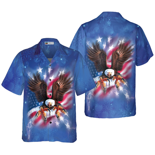 Drune | Hyperfavor Weihnachts-Hawaiian-Shirts für Männer und Frauen, Adler fliegt mit amerikanischer Flagge Hawaiian Shirt Button-Down-Shirt Kurzarm