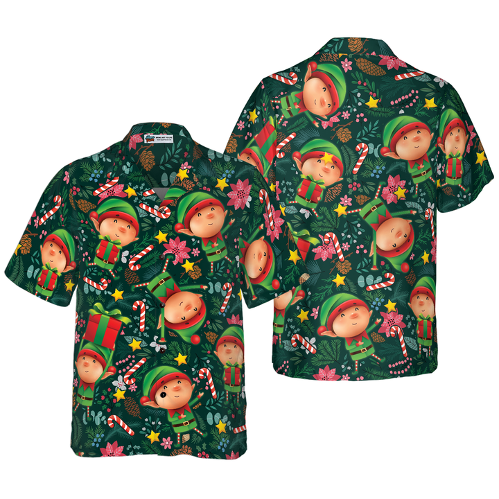 Drune | Hyperfavor Weihnachts-Hawaiianhemden, Das Weihnachts-Elf Mit Dunkelgrünem Muster Kurzarmhemd, Weihnachtshemd Geschenkidee Für Männer Und Frauen