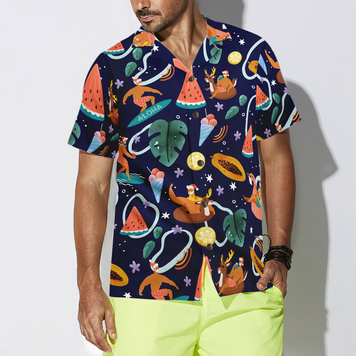 Drune | Hyperfavor Santa Beach 1 Muster Hawaiian Shirt, Weihnachtshemden Kurzarm Button-Down-Shirt für Männer und Frauen