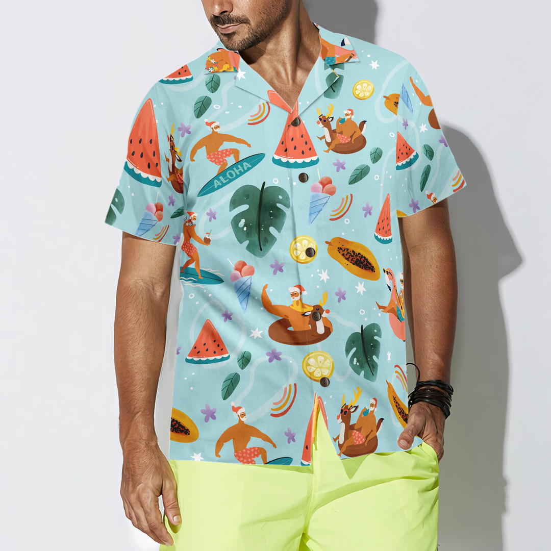 Drune | Hyperfavor Santa Beach 2 Muster Hawaiihemd, Weihnachtshemden Kurzarm Button-Down-Hemd für Männer und Frauen