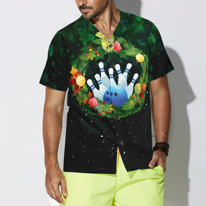 Drune | Hyperfavor Weihnachts-Hawaiian-Shirts für Männer und Frauen, Weihnachtskranz Bowling Hawaiian Shirt Knopfkragen Kurzarm