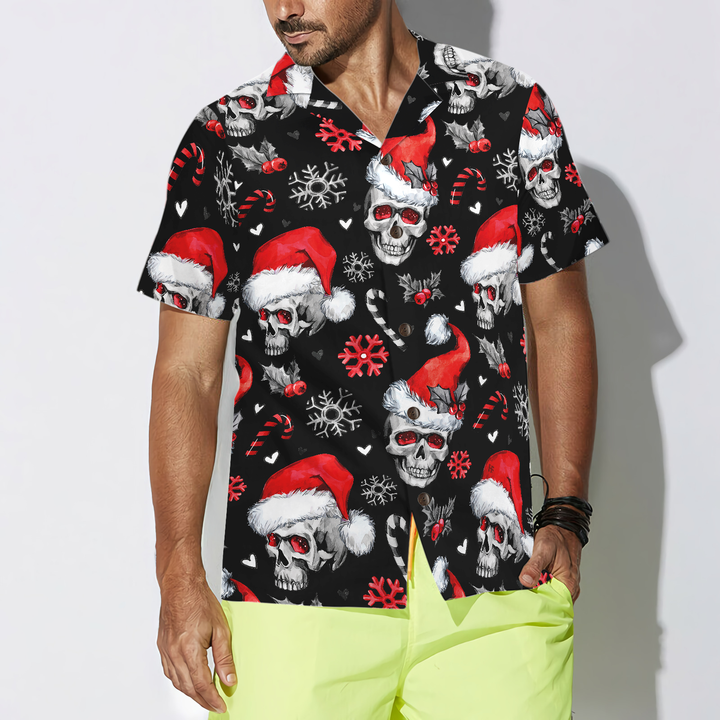 Drune | Weihnachts-Schädel mit Zuckerstangen Weihnachts-Hawaiian-Shirt, Schädel Weihnachts-Hawaiian-Shirt für Herren