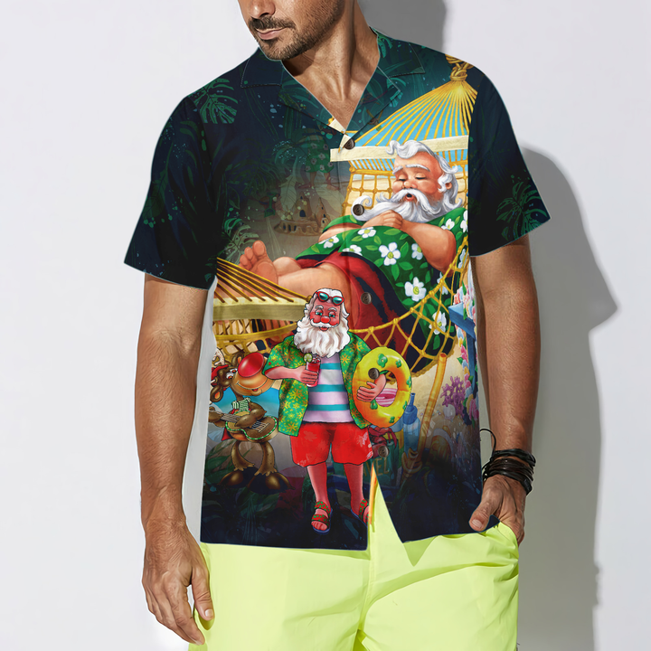 Drune | Hyperfavor Weihnachts-Hawaiian-Shirts, Weihnachtsmann am Strand Kurzarmhemd, Weihnachtshemd Geschenkidee für Männer und Frauen