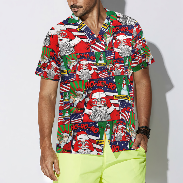 Drune | Hawaiian Hemden, Santa mit amerikanischer Flagge Comic Stil Hemd Kurzarm, Weihnachtshemd Geschenkidee für Männer und Frauen